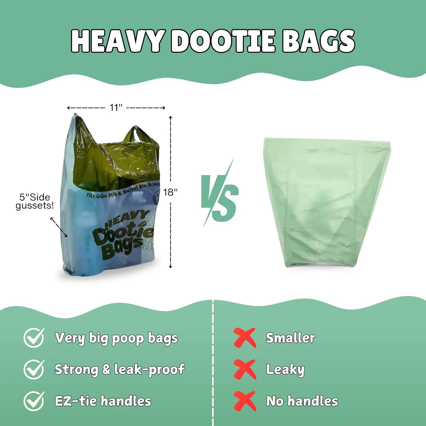 HEAVY Dootie Bags with EZ Tie Handles. Clean and Convenient for Pet Dog Poop, Cat Litter. Multi-Use. Great for Swivel Bin and  Scoopers. Made with Cornstarch. Strong, Leakproof and Very Large