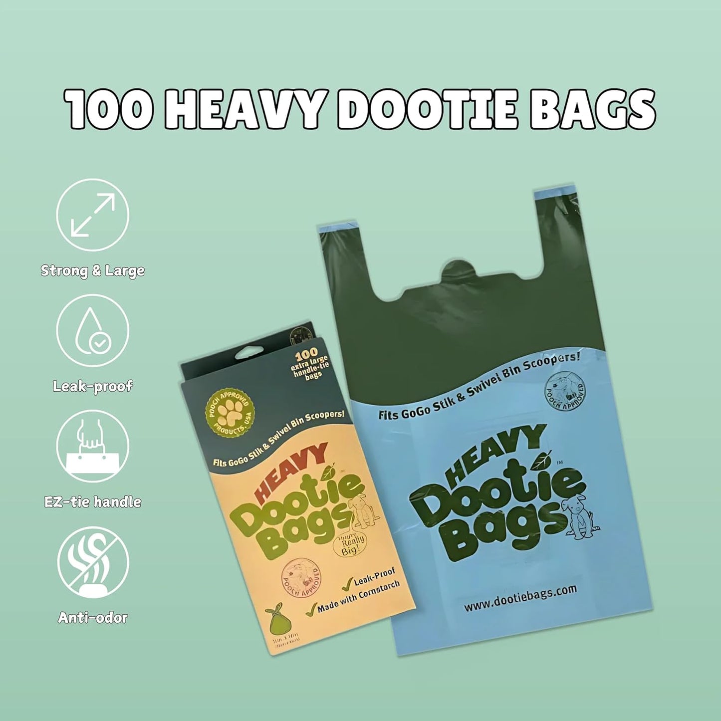 HEAVY Dootie Bags with EZ Tie Handles. Clean and Convenient for Pet Dog Poop, Cat Litter. Multi-Use. Great for Swivel Bin and  Scoopers. Made with Cornstarch. Strong, Leakproof and Very Large
